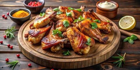 Roasted wings on a rustic wooden platter, roasted, wings, chicken, food, delicious, BBQ, spicy, crispy, appetizer, poultry, platter