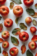 Wall Mural - Fresh Red Apples and Autumn Leaves on White Background