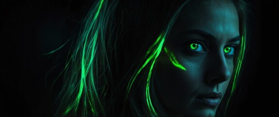 Wall Mural - woman with green glowing eyes on plain black background banner with copy space