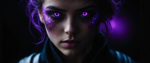 Wall Mural - woman with purple glowing eyes on plain black background banner with copy space