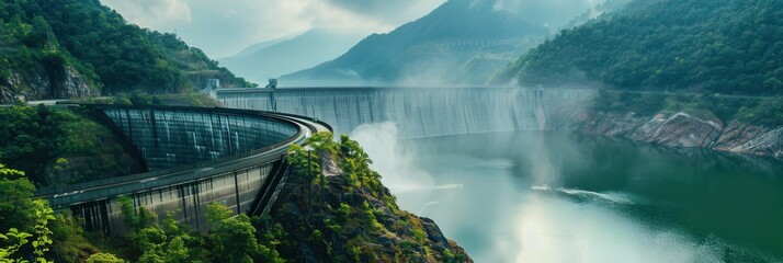 Aufkleber - A scenic view of a hydroelectric dam generating power in a mountainous region. The water flows over the dam, creating a misty spray and a tranquil atmosphere. Generative AI