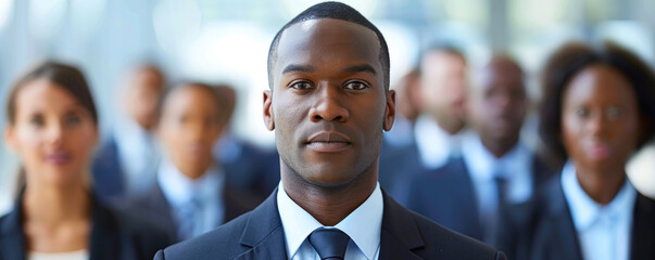 Poster - A group of people are standing in a line, all wearing suits and ties. The man in the center is the only one with a tie that is not blue