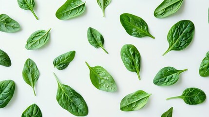 Wall Mural - Spinach leaves on white background A backdrop of food