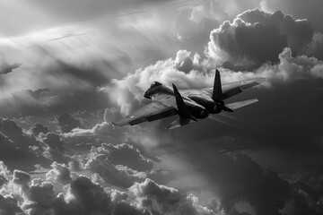 Sticker - a jet flying through a cloudy sky next to another jet