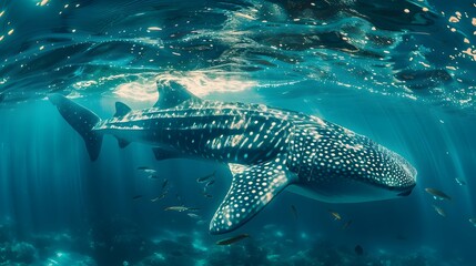 Wall Mural - A majestic whale shark gliding through the crystal-clear waters, with the sun's rays piercing the ocean surface to illuminate its spotted body.