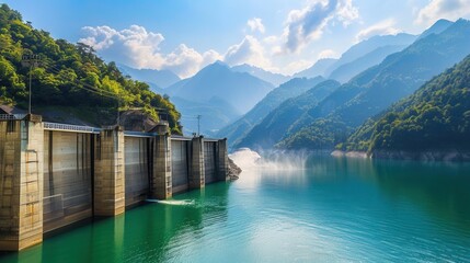 Aufkleber - A hydroelectric dam in a mountainous region generates clean energy with the flow of water, creating a tranquil and picturesque setting. Generative AI