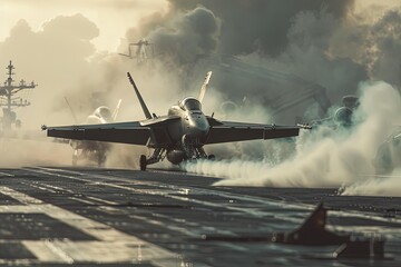 Wall Mural - a fighter jet landing on an aircraft carrier