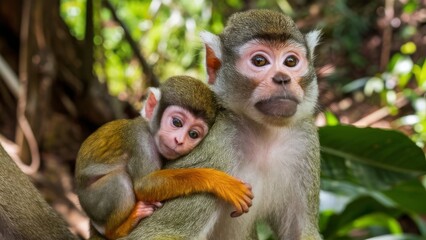 Wall Mural - a mother squirrel monkey with her baby, both watching their surroundings