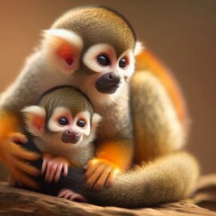 Wall Mural - a mother squirrel monkey with her baby, both watching their surroundings