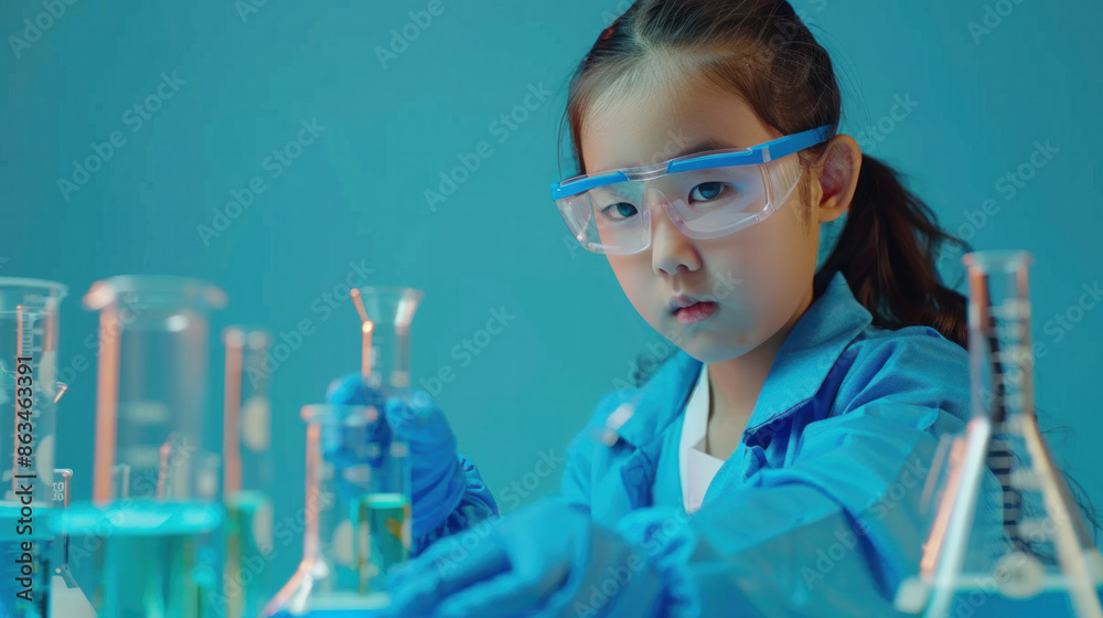 Foto de Stock A young girl wearing a lab coat and safety goggles is ...