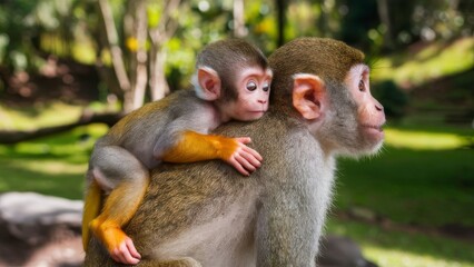 Wall Mural - a mother squirrel monkey with her baby, both watching their surroundings