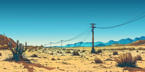 A desert landscape with a telephone pole in the middle