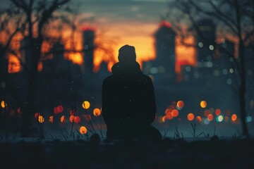 Wall Mural - Silhouette of a Person Sitting in Front of a City at Dusk