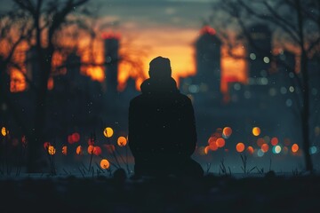 Poster - Silhouette of a Person Sitting in Front of a City at Dusk