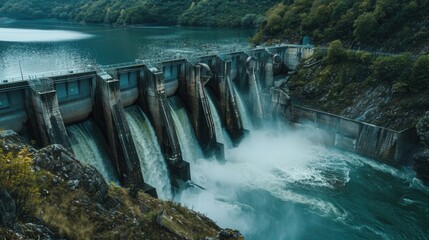 A serene view of a hydroelectric dam generating power in a green landscape. Generative AI