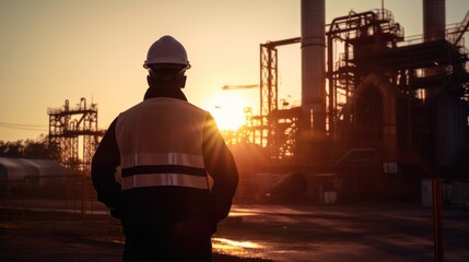 Sticker - Engineer standing on a construction site at sunrise, 