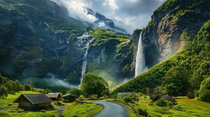 Wall Mural - A captivating mountainous vista with lush greenery, a majestic waterfall, and a winding road leading to charming huts and scenic campsites.