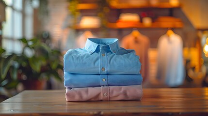 Wall Mural - Neatly folded , including two pastel-colored shirts and one blue shirt, placed on the table with blurred background. convey freshness and neatness, for commercial use.