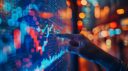 Wall Mural - Hand pointing at stock market graph on digital screen, blurred background with dark and warm colors, shallow depth of field.