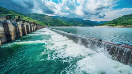 Aufkleber - A hydroelectric dam in a picturesque setting, harnessing the power of flowing water to generate clean energy. Generative AI