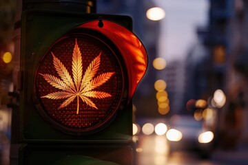 cannabis leaf on a red traffic light symbol of marijuana prohibition and controversy