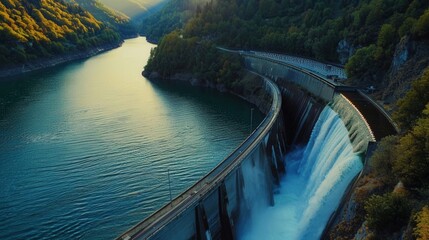Aufkleber - Aerial view of a hydroelectric dam in a mountainous region, water flowing over the dam to generate power. Generative AI