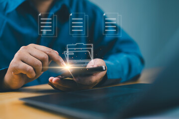 Fototapete - Document Management System (DMS), online documentation database and process automation to efficiently manage files, knowledge and documentation in enterprise with ERP. Corporate business technology.