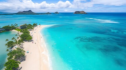 Wall Mural - 1. aerial view of lanikai beach on oahu, hawaii, showcasing its crescent-shaped white sandy shorelin