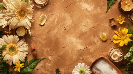 Wall Mural - Top view of organic health care products and flowers on a brown background promoting wellness beauty treatment