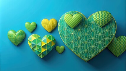 Wall Mural - Green and yellow hearts with geometric shapes on a blue background, love, valentine's day, abstract, design, colorful