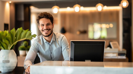 Poster - portrait of a smiling receptionist looking at camera, happy receptionist at desk