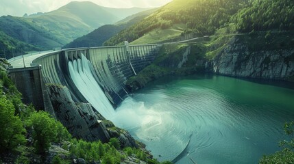 Aufkleber - A hydroelectric dam, nestled in a mountainous landscape, generates power as water flows through its gates. Generative AI