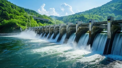 Aufkleber - A hydroelectric dam generates clean energy in a picturesque landscape with flowing water and lush green hills. Generative AI