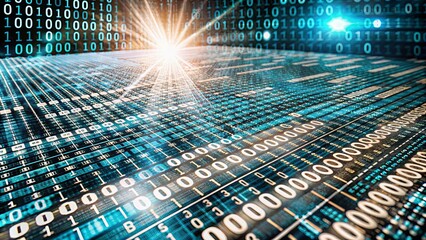 Poster - A computer screen with a lot of numbers and a bright light shining on it