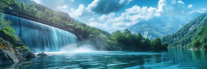 Aufkleber - A hydroelectric dam in a serene mountain landscape generates power with a waterfall cascading into a clear blue lake. Generative AI