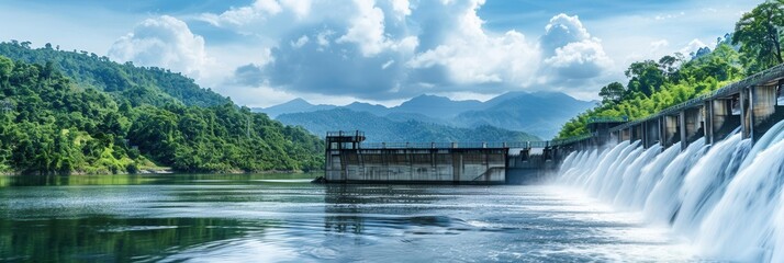 Poster - hydro dam harnesses energy from flowing water in stunning natural surroundings, nestled among lush f