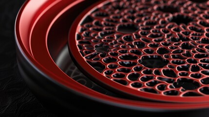 Poster - contemporary curved design red kitchen sieve with intricate patterns on black background