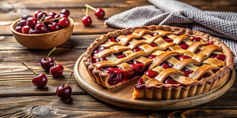 Sticker - Homemade cherry pie on a rustic wooden table, cherry, pie, homemade, baking, dessert, delicious, sweet, fruit, lattice, crust, pastry