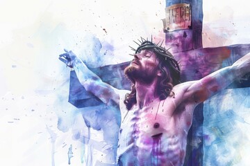 Artistic watercolor painting depicting the crucifixion, featuring Jesus Christ with a crown of thorns, arms outstretched on the cross, surrounded by splashes of blue and green tones.