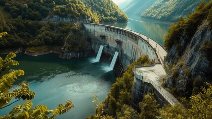 Aufkleber - A hydroelectric dam nestled in a mountainous landscape generates power through the flow of water, showcasing a sustainable and eco-friendly technology. Generative AI