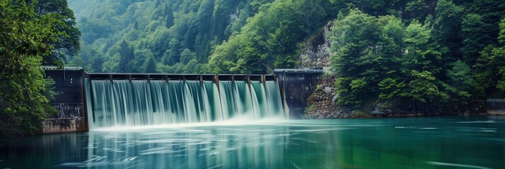 Aufkleber - A hydroelectric dam generates clean energy in a tranquil forested setting. The water flows over the dam, creating a calming waterfall. Generative AI
