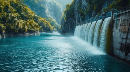 Aufkleber - A hydroelectric dam nestled in a lush mountain landscape, with water flowing through its gates, generating clean and renewable energy. Generative AI