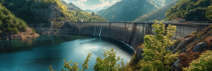 Aufkleber - A hydroelectric dam in a picturesque mountainous region, showcasing green technology and the power of water flow. Generative AI