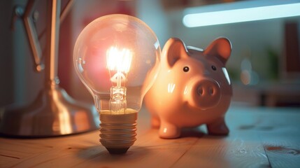 Wall Mural - saving electricity bill through piggy bank and light bulb