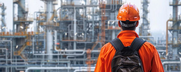 A man in an orange shirt and a black backpack stands in front of a large industrial plant. He is wearing a hard hat and he is a worker at the plant. Concept of industry and hard work
