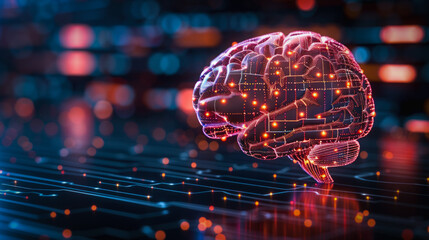 Poster - A brain made of wires and lights is displayed on a black background. The brain is surrounded by a network of wires and lights, giving it a futuristic and technological appearance