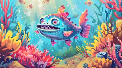 Wall Mural - Cute cartoon piranha with sharp teeth. 