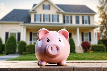 Real estate sale, home savings, loans market concept. Housing industry mortgage plan and residential tax saving strategy. Piggy bank isolated outside home on background. Focus on piggybank.