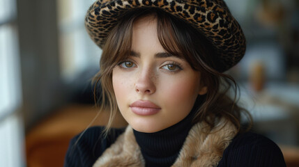 Canvas Print - Beautiful young lady in a black turtleneck. Refined taste. Elegance. Leopard print beret