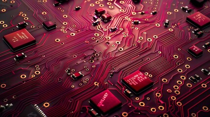 Wall Mural - **Red circuit board pattern on a solid plum background